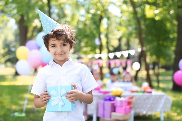 Cute Little Boy Gift Box Birthday Party Outdoors — Stock Photo, Image