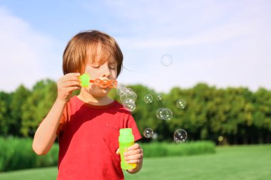 Sevimli küçük çocuk kabarcıklar parkta güneşli günde üfleme.