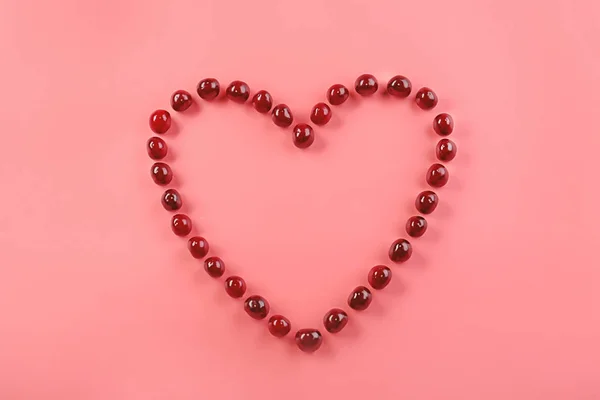 Heart Made Tasty Cherries Color Background — Stock Photo, Image