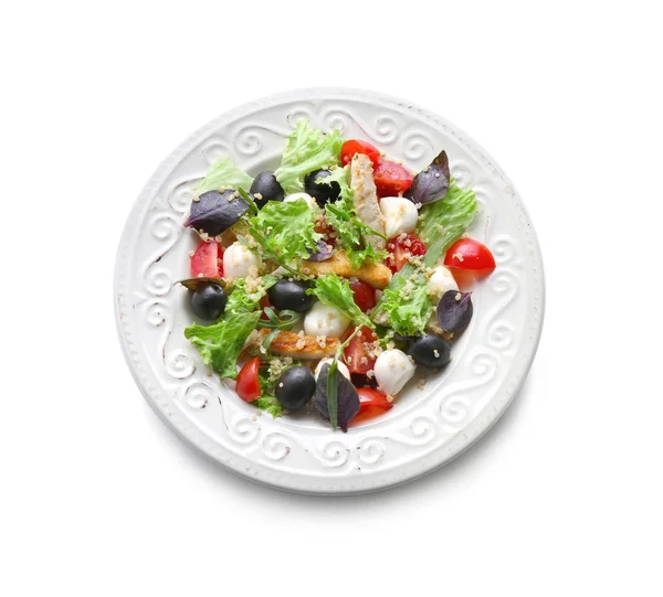 Prato Com Deliciosa Salada Frango Fundo Branco — Fotografia de Stock