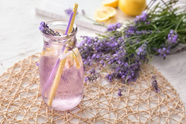 Fresh Lavender Lemonade Glass Bottle Table — Stock Photo, Image