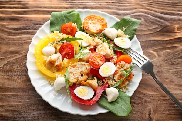 Plate Tasty Chicken Salad Wooden Table — Stock Photo, Image