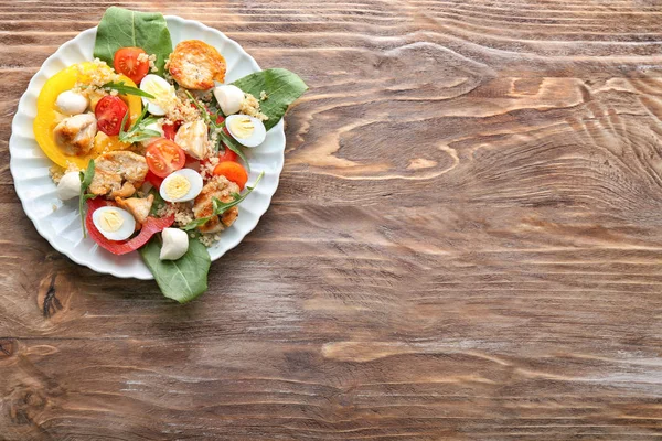 Plate Tasty Chicken Salad Wooden Table — Stock Photo, Image