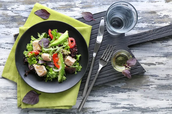 Plate Tasty Chicken Salad Wooden Board — Stock Photo, Image