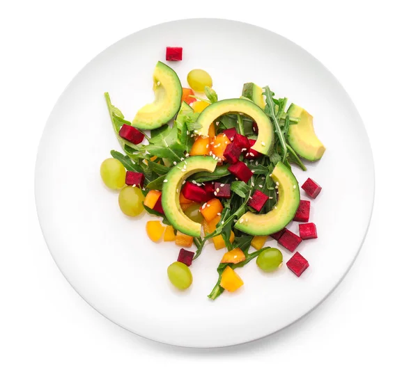 Plate Tasty Avocado Salad White Background — Stock Photo, Image