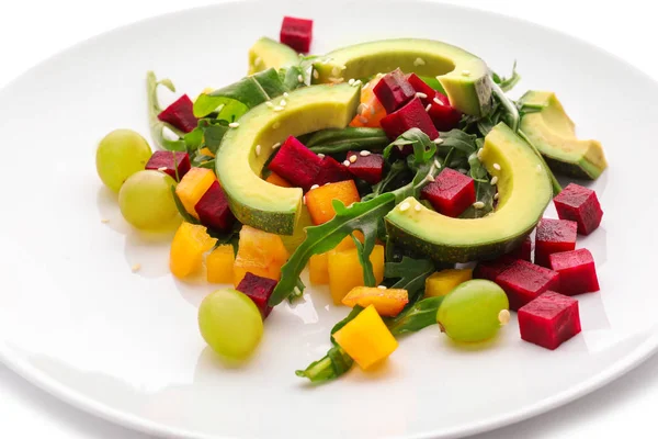 Plate Tasty Avocado Salad White Background Closeup — Stock Photo, Image