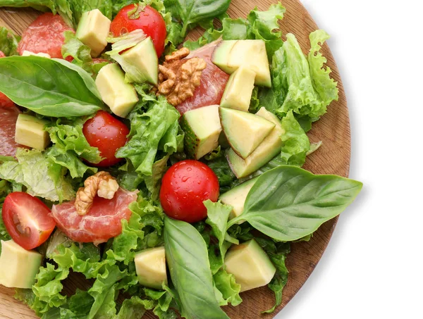 Plate Tasty Avocado Salad White Background — Stock Photo, Image