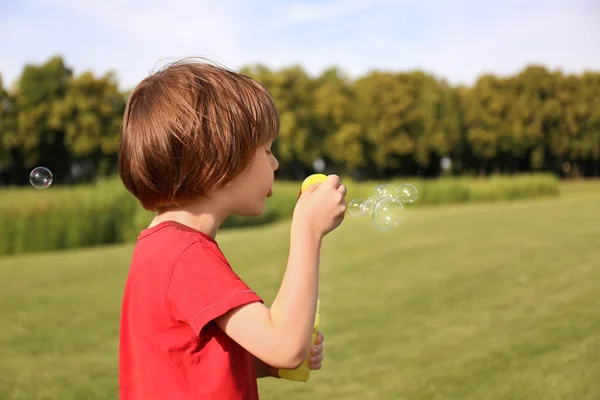 可爱的小男孩吹泡在公园在阳光明媚的日子 — 图库照片