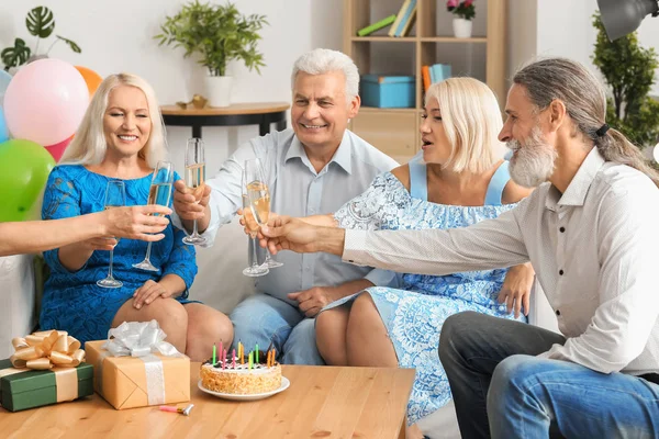 Mature People Celebrating Birthday Champagne Indoors — Stock Photo, Image