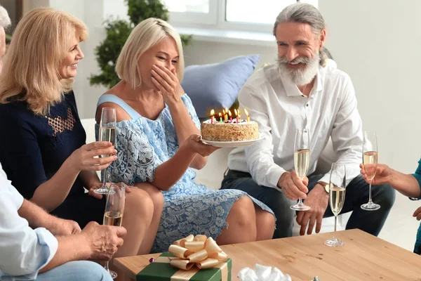 Mature People Celebrating Birthday Tasty Cake Champagne Indoors — Stock Photo, Image