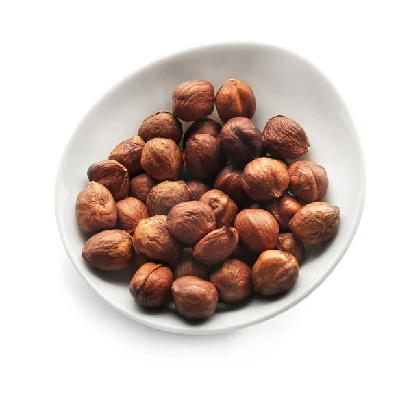 Bowl Tasty Hazelnuts White Background — Stock Photo, Image