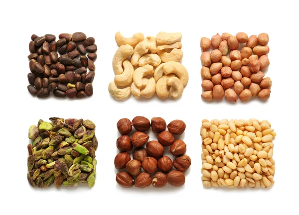 Composition Different Nuts White Background — Stock Photo, Image