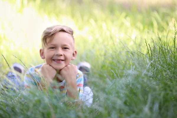 Милий Маленький Хлопчик Лежить Зеленій Траві Відкритому Повітрі — стокове фото