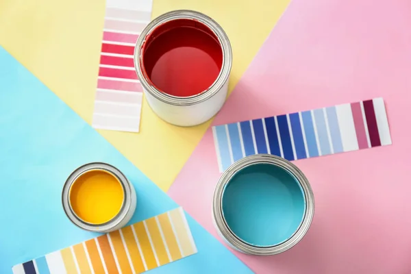 Puszki Farby Palety Próbki Kolor Tła — Zdjęcie stockowe