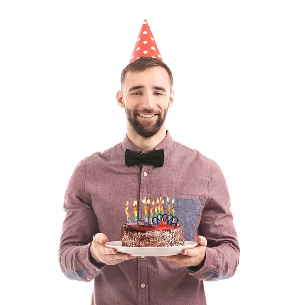 Giovane Uomo Con Sua Torta Compleanno Sfondo Bianco — Foto Stock