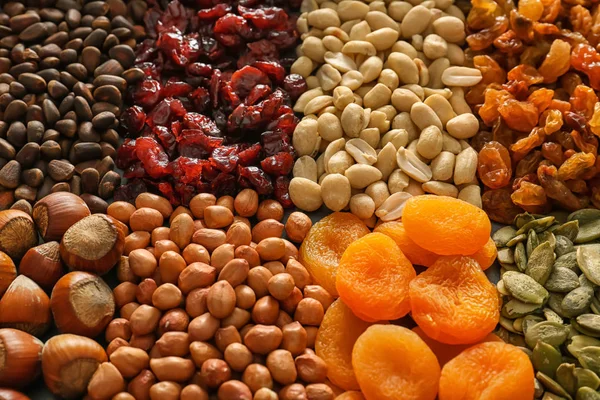 Various Nuts Dried Fruits Closeup — Stock Photo, Image