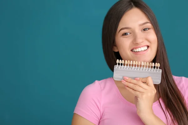 Beautiful Young Woman Teeth Samples Color Background — Stock Photo, Image