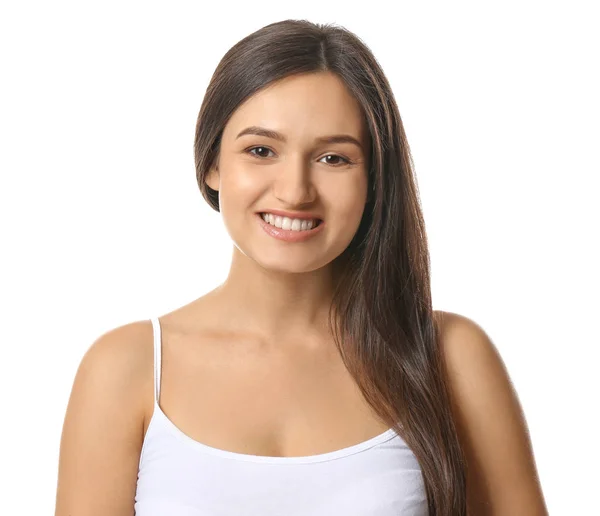 Beautiful Young Woman Healthy Teeth White Background — Stock Photo, Image