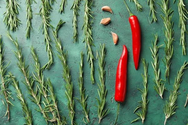 Fresh Chili Peppers Garlic Rosemary Color Textured Background — Stock Photo, Image