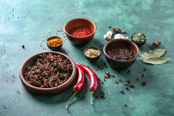 Composition Different Dry Spices Green Background — Stock Photo, Image