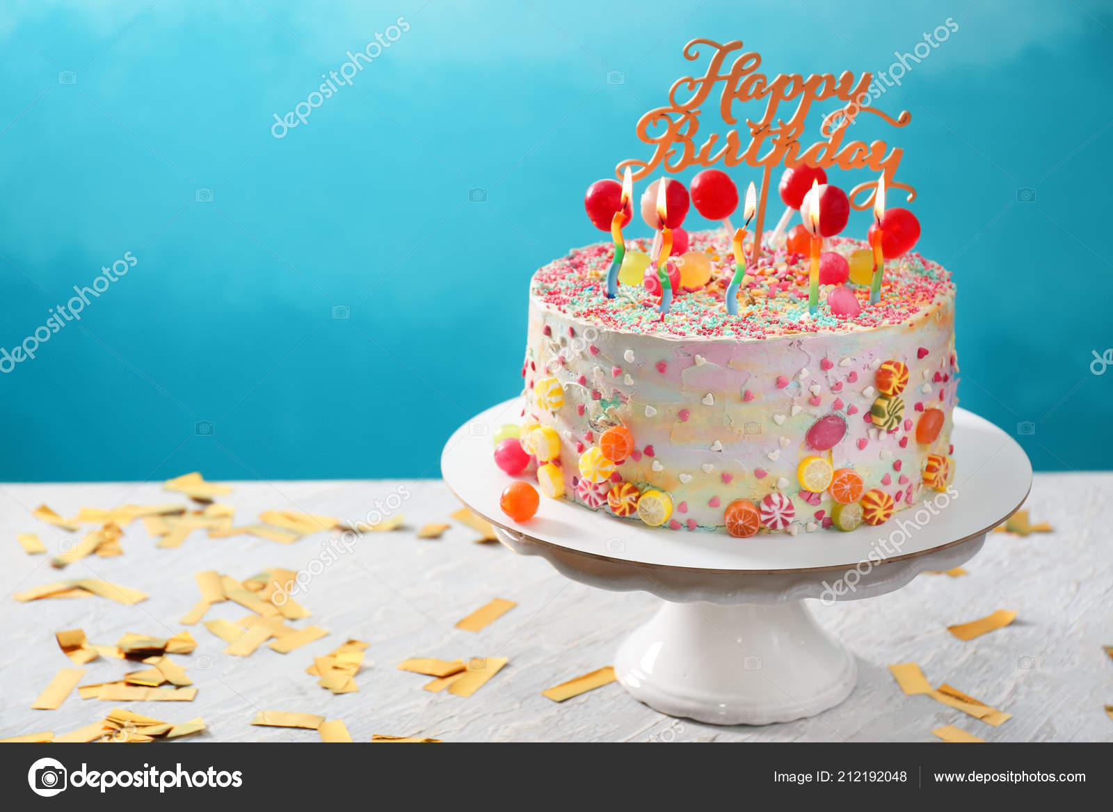 Stand Beautiful Tasty Birthday Cake Table Color Background Stock Photo By ©Serezniy 212192048