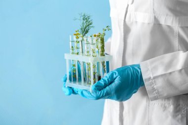 Laboratuvar çalışan test tüpleri bitkiler ile renk arka planda, closeup holding
