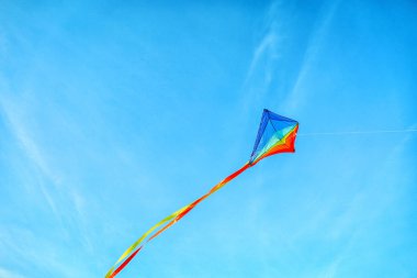Mavi gökyüzünde uçan renkli uçurtma
