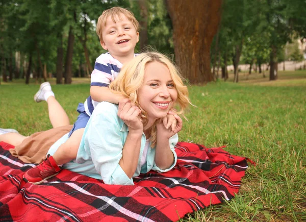 Happy Mother Little Son Resting Plaid Park — Stock Photo, Image