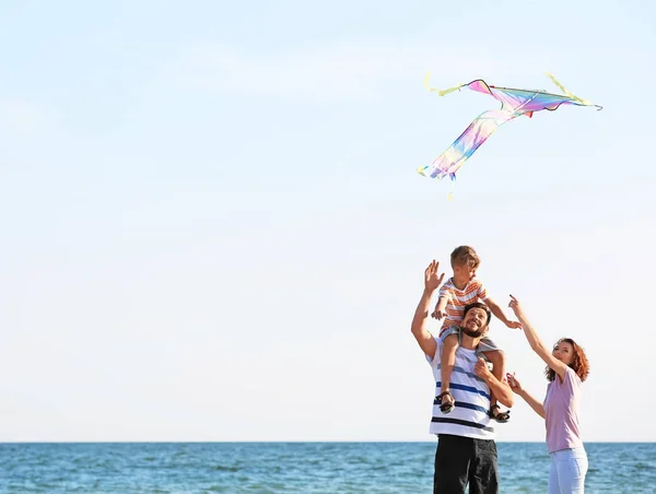 Mutlu Aile Uçan Uçurtma Deniz Kenarında — Stok fotoğraf