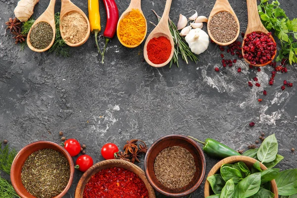 Composition Different Spices Grey Textured Background — Stock Photo, Image