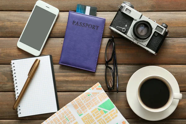 Composition Map Mobile Phone Photo Camera Passport Wooden Background Travel — Stock Photo, Image