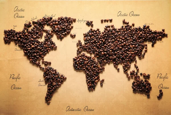 Mapa Mundo Feito Grãos Café Torrados Vista Superior — Fotografia de Stock