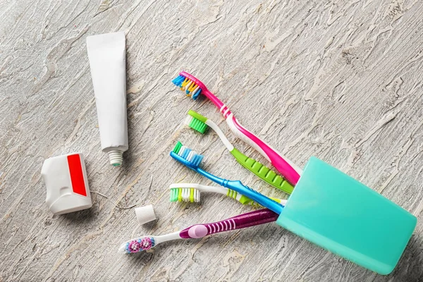 Toothbrushes Dental Floss Paste Wooden Background — Stock Photo, Image