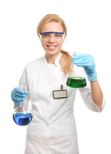 Wissenschaftlerin Mit Fläschchen Auf Weißem Hintergrund — Stockfoto