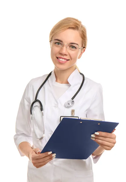 Cientista Feminina Com Área Transferência Fundo Branco — Fotografia de Stock