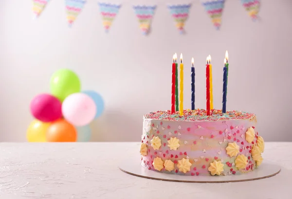 Beautiful Tasty Birthday Cake Candles White Table — Stock Photo, Image