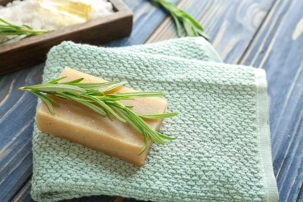 Handmade Soap Rosemary Towel Wooden Table — Stock Photo, Image