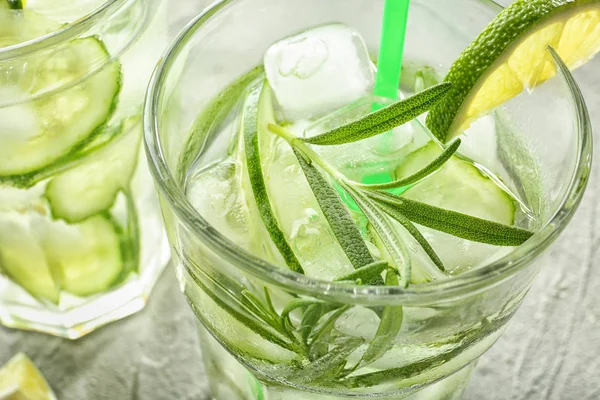 Fresh Drink Sliced Cucumber Rosemary Glass Table Closeup — Stock Photo, Image