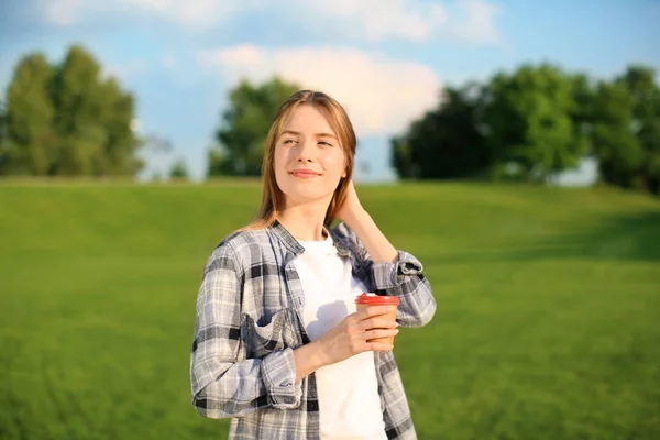 Young Woman Resting Cup Coffee Park Sunny Day — Stock Photo, Image