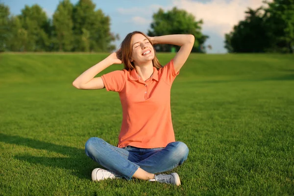 Happy Young Woman Sitting Green Grass Outdoors — Stock Photo, Image