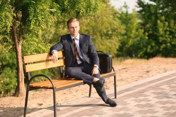 Young Man Formal Clothes Resting Park Sunny Day — Stock Photo, Image