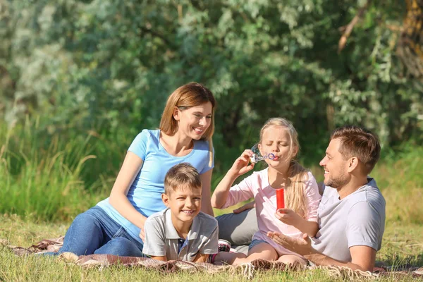 公園でシャボン玉を吹いている家族 — ストック写真