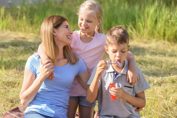 Mother Cute Children Blowing Soap Bubbles Park — Stock Photo, Image