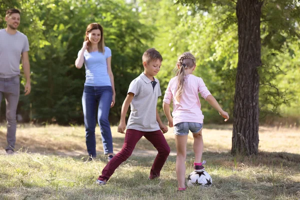 Familia Feliz Jugando Fútbol Aire Libre — Foto de Stock