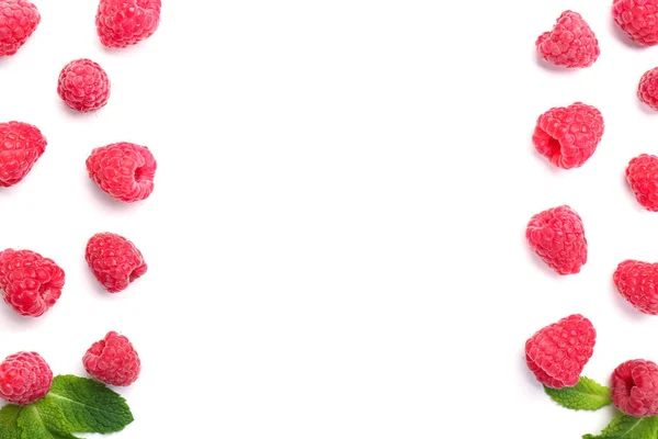 Delicious Ripe Raspberries Mint White Background — Stock Photo, Image