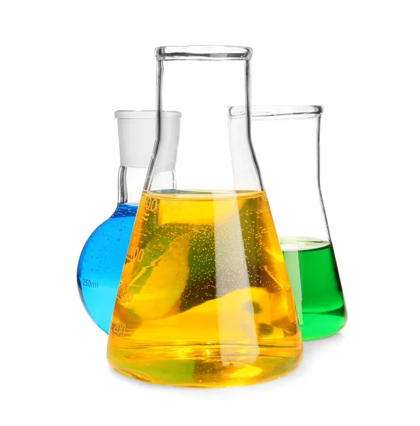 Laboratory Glassware Colorful Liquids White Background — Stock Photo, Image