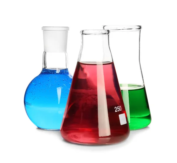 Laboratory Glassware Colorful Liquids White Background — Stock Photo, Image