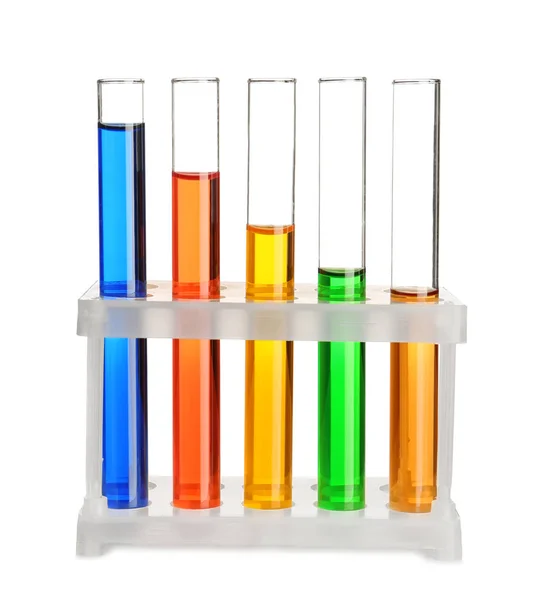 Test Tubes Colorful Liquids Holder White Background — Stock Photo, Image