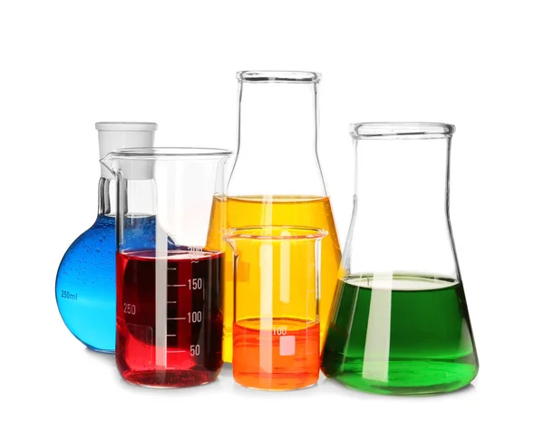 Laboratory Glassware Colorful Liquids White Background — Stock Photo, Image