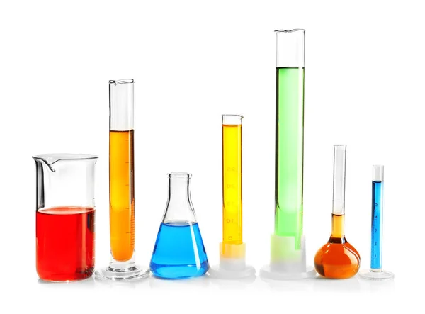 Laboratory Glassware Colorful Liquids White Background — Stock Photo, Image